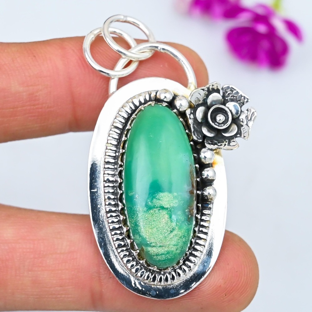 Stunning Natural Lemon Chrysoprase 925 Sterling Silver Pendant - Picture 3 of 6